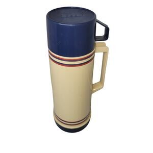 Vintage travel lunch Aladdin thermos tan blue striped glass insert HOT COLD 70s